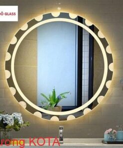 Gương tròn phòng tắm đẹp, lạ, viền phun cát, led vàng đường kính 700mm